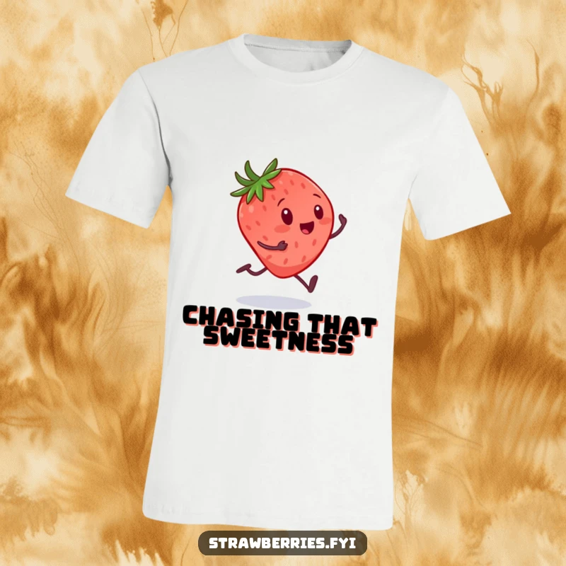 Funny t-shirt depicting a determined strawberry with small legs running rapidly towards an oversized spoon, representing eagerness for treats.