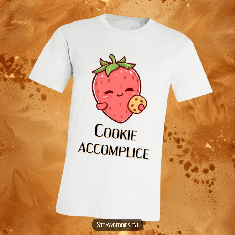 Funny kawaii strawberry character giving a wink while proudly holding a small cookie on this t-shirt.