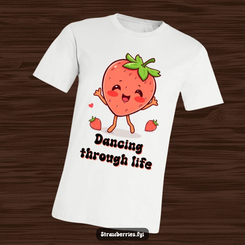Funny kawaii strawberry character caught mid-wobble dance, spreading happiness on this humorous t-shirt.