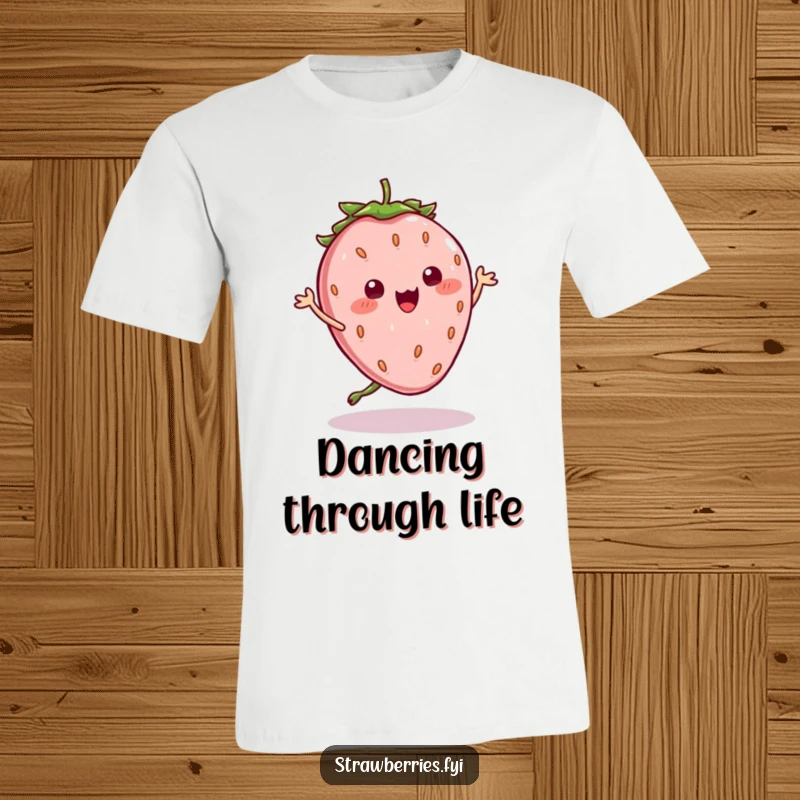 Funny T-Shirt: Cute kawaii strawberry character busting a silly dance move, its seeds jiggling comically with every step.
