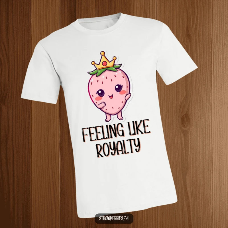 Funny kawaii strawberry character adorned with a miniature crown, posing regally on this t-shirt.