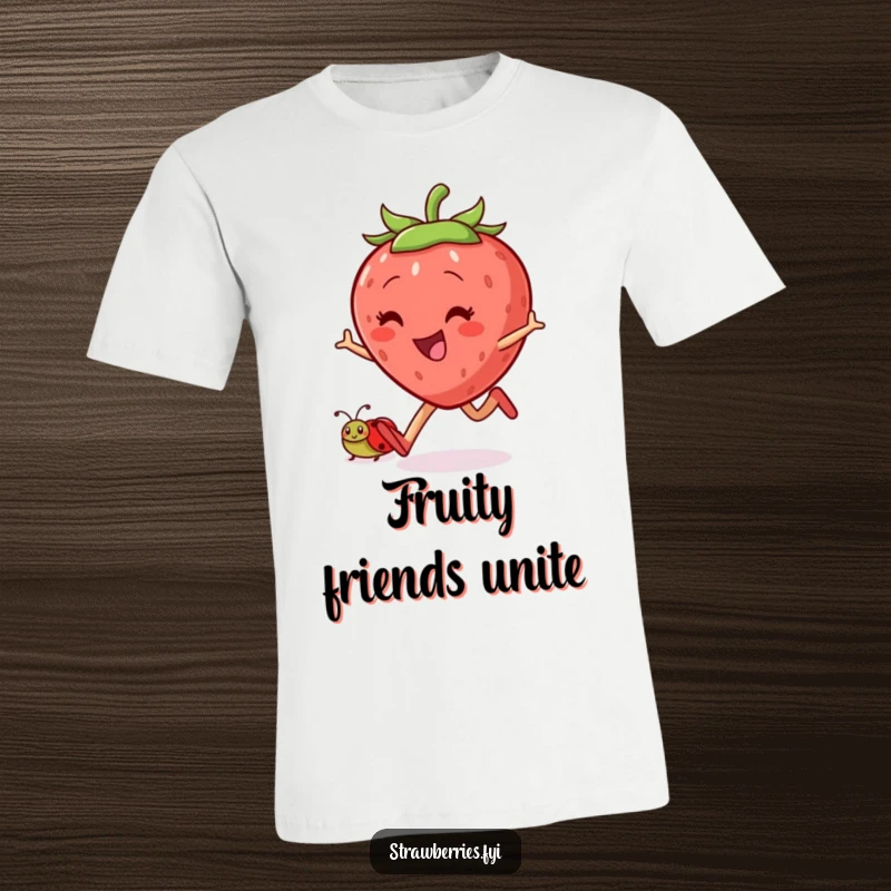 Funny skipping strawberry t-shirt with a jovial character and a ladybug companion, conveying cheerful movement and friendship humor.