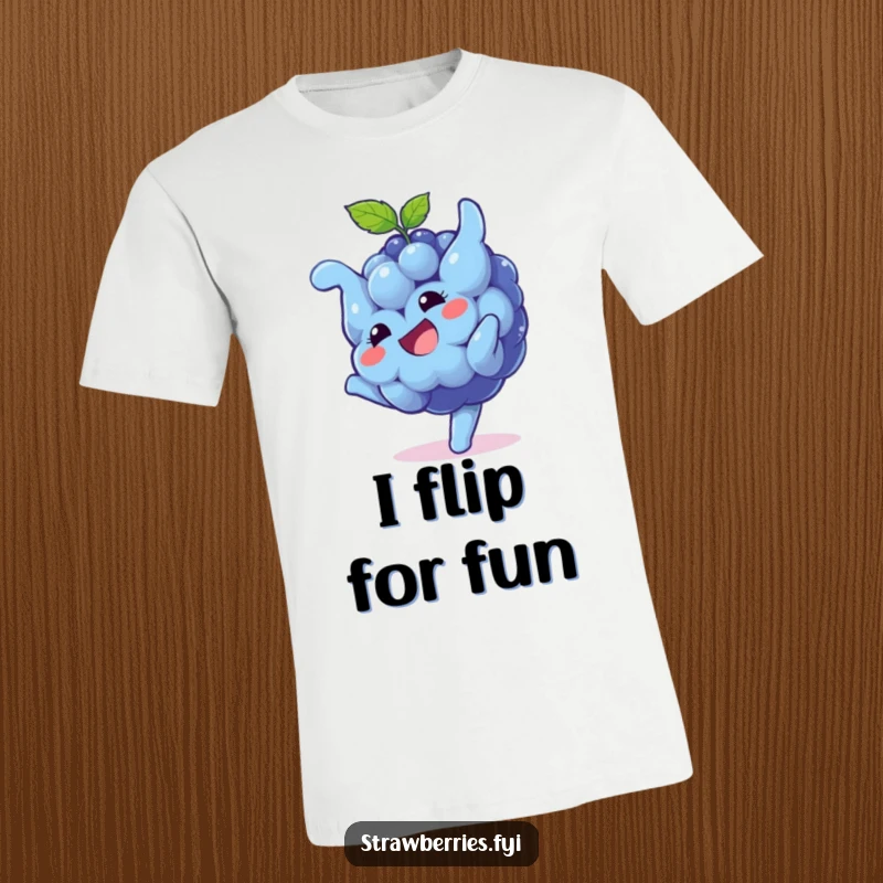 Funny T-Shirt: A playful blueberry character mid-somersault with a cheerful grin, radiating energy and fruity fun.