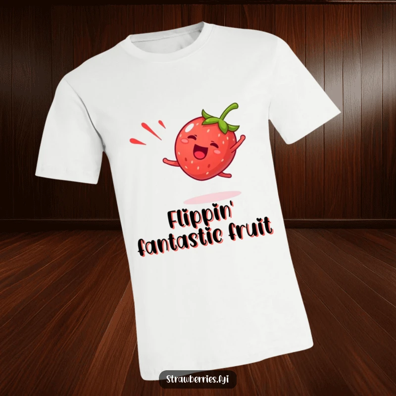 Funny strawberry t-shirt showing a giddy fruit character doing a happy cartwheel, leaving a dynamic red streak, energetic and fun.