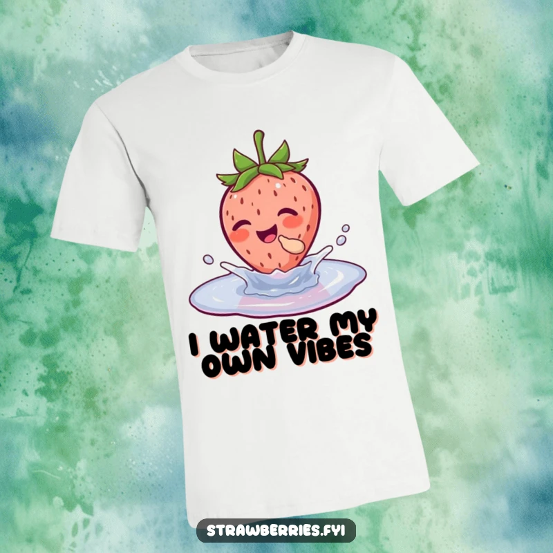Funny t-shirt featuring a gleeful strawberry character splashing energetically in a tiny puddle, radiating pure, uncontainable amusement.