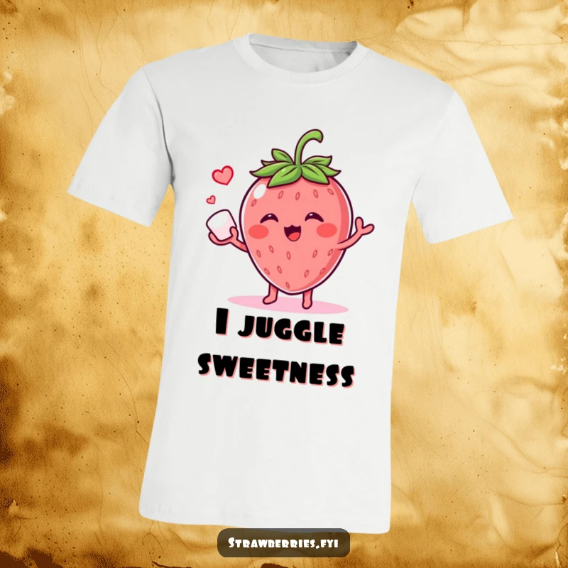 Funny t-shirt depicting a giggling strawberry character skillfully juggling a small sugar cube, embodying playful sweetness and humor.