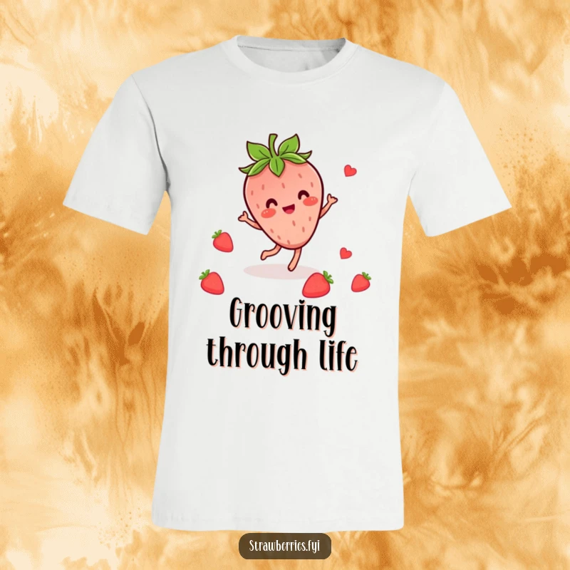 Funny t-shirt print of a delighted Kawaii strawberry character performing a happy dance surrounded by whimsical leaves.