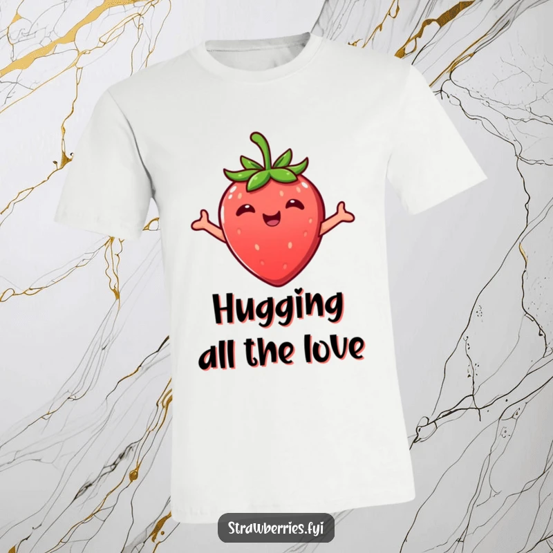 Funny Kawaii strawberry character with open arms in an embrace on a comfortable T-shirt, exuding happiness.