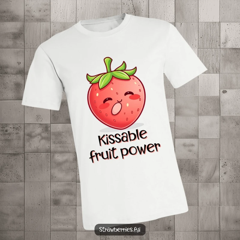 Funny Kawaii Strawberry T-Shirt featuring a happy character puckering lips, delivering a tiny, sweet kiss with a charming smile.
