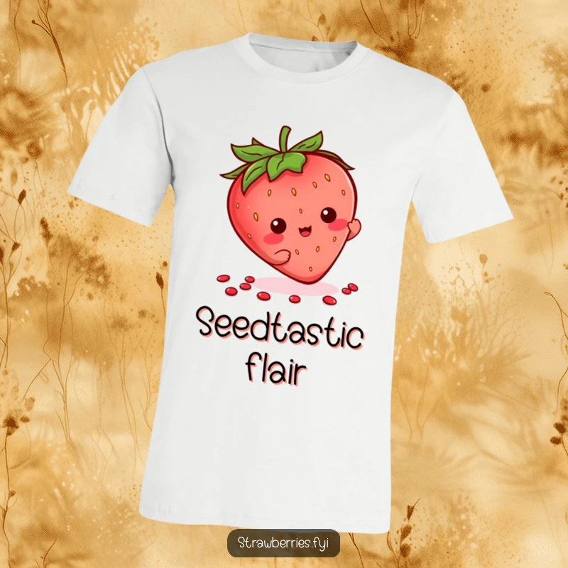 Funny Kawaii Strawberry T-Shirt with a character doing a playful flourish with its seeds, showcasing a happy demeanor.