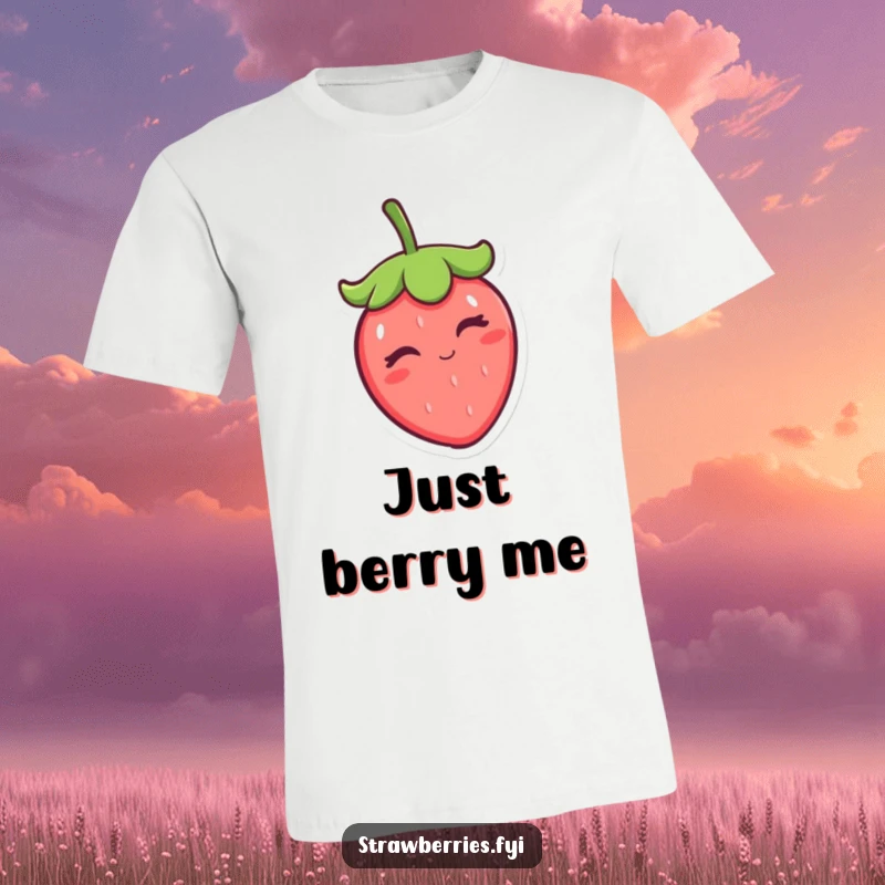 Funny kawaii strawberry character winking and tipping its leaf cap, printed on a comfortable and stylish t-shirt.