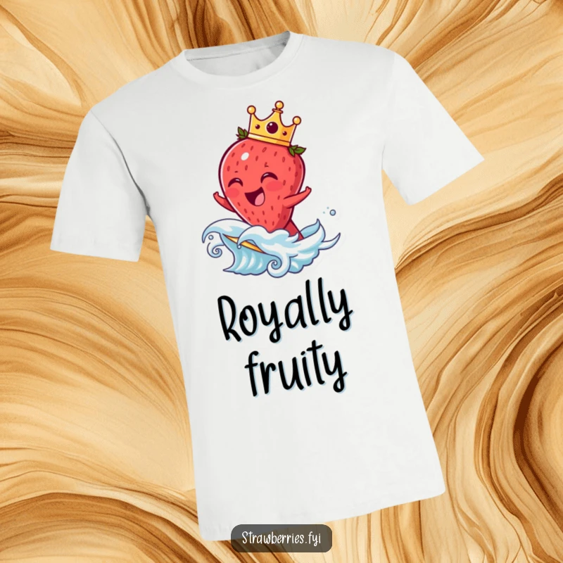 Funny strawberry t-shirt showing a laughing fruit character with a crown, surfing a wave of fruit, cheerful and vibrant.