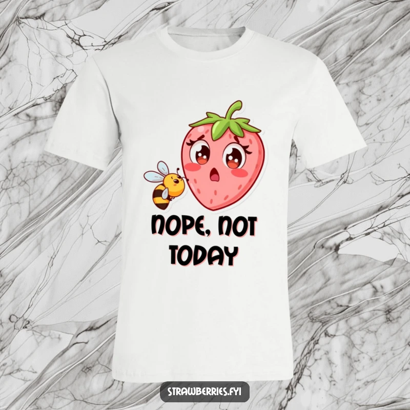 Funny strawberry character startled by a bee, graphic tee for humorous apparel and funny gift.