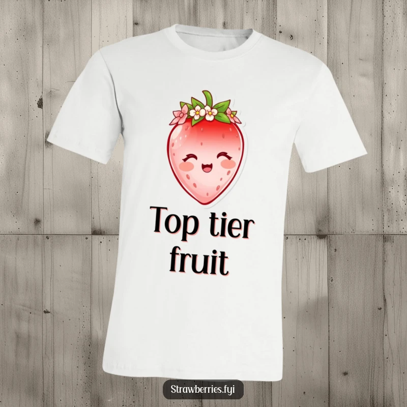 Funny strawberry t-shirt featuring a delighted character adorned with a tiny flower petal crown, exuding sweetness and joy.