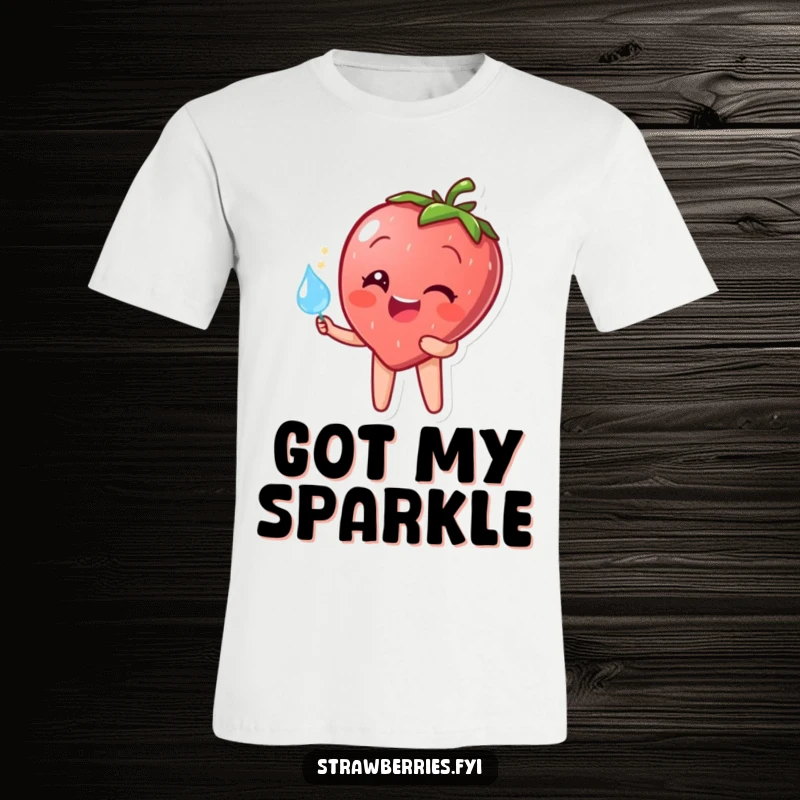 Funny T-Shirt: A happy strawberry character gleefully holding a sparkling dewdrop, symbolizing joy and refreshing humor.