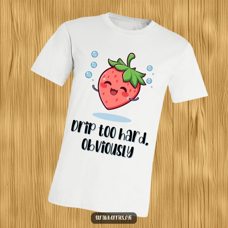 Funny T-Shirt showcasing a giggling strawberry character gleefully juggling small water droplets with an infectious smile.