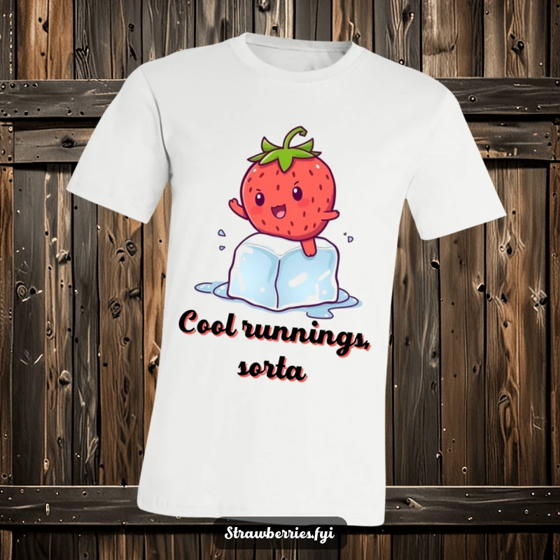 Funny kawaii strawberry character comically attempting to ride a melting ice cube, emphasizing summer fun and a silly struggle.