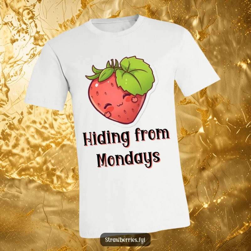 Funny T-Shirt: A strawberry character playfully concealed behind a leaf, creating a moment of cute and humorous suspense.