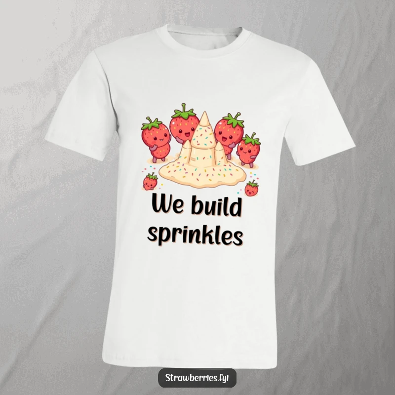 Funny t-shirt showcasing strawberries struggling to build a sprinkle-covered sandcastle, embodying cute beachside folly.