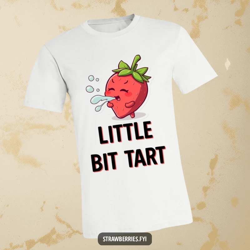 Funny t-shirt with a mischievous strawberry character caught in the act of squirting juice, bringing fruity fun.