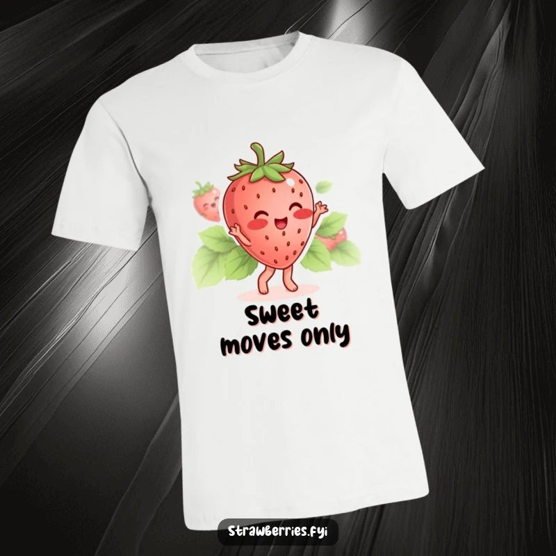 Funny t-shirt of a blushing strawberry character happily dancing with its leaves, radiating sweet joy.
