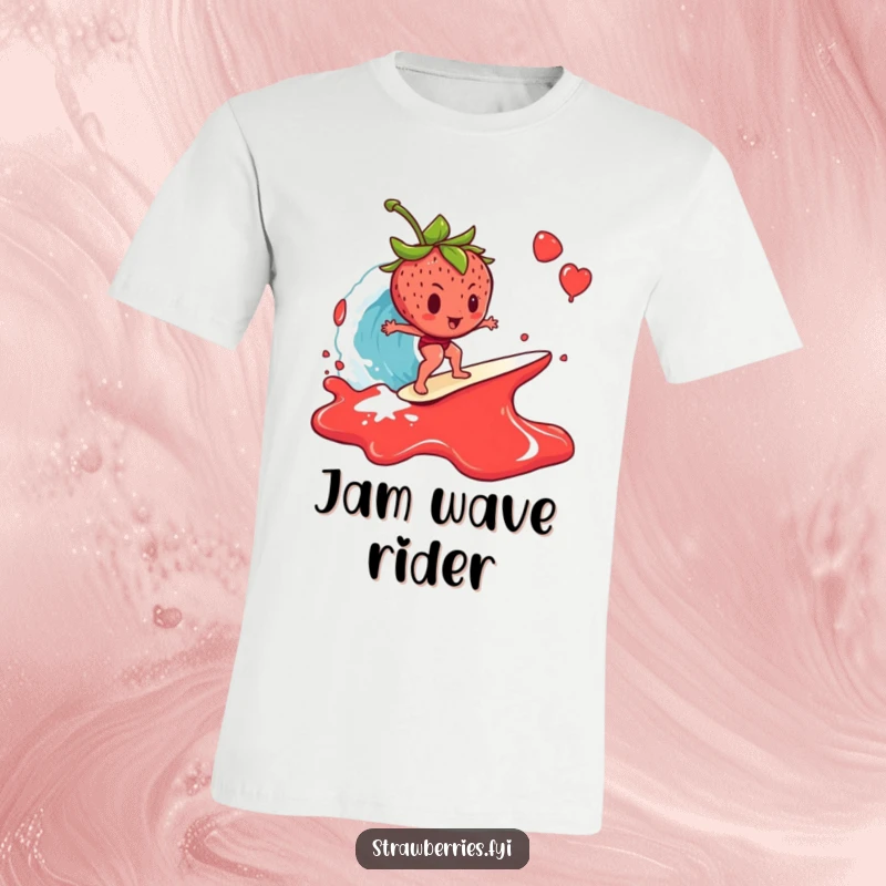 Funny T-Shirt: A determined strawberry attempting to surf on a giant, breaking wave of jam, a humorous depiction of struggle.