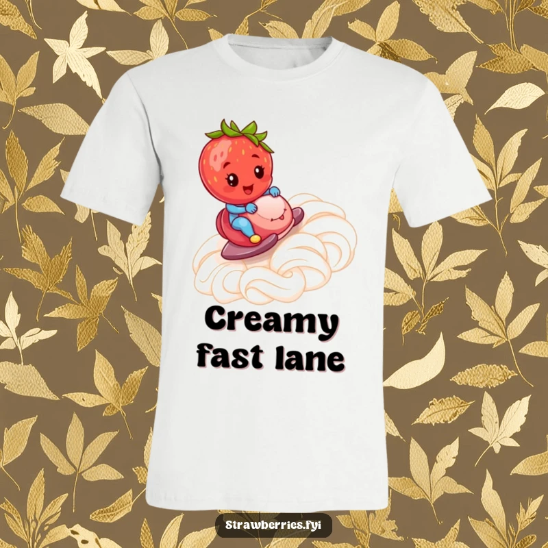 Funny T-Shirt: A happy strawberry accelerating down a slippery ramp composed of fluffy whipped cream, a humorous design.