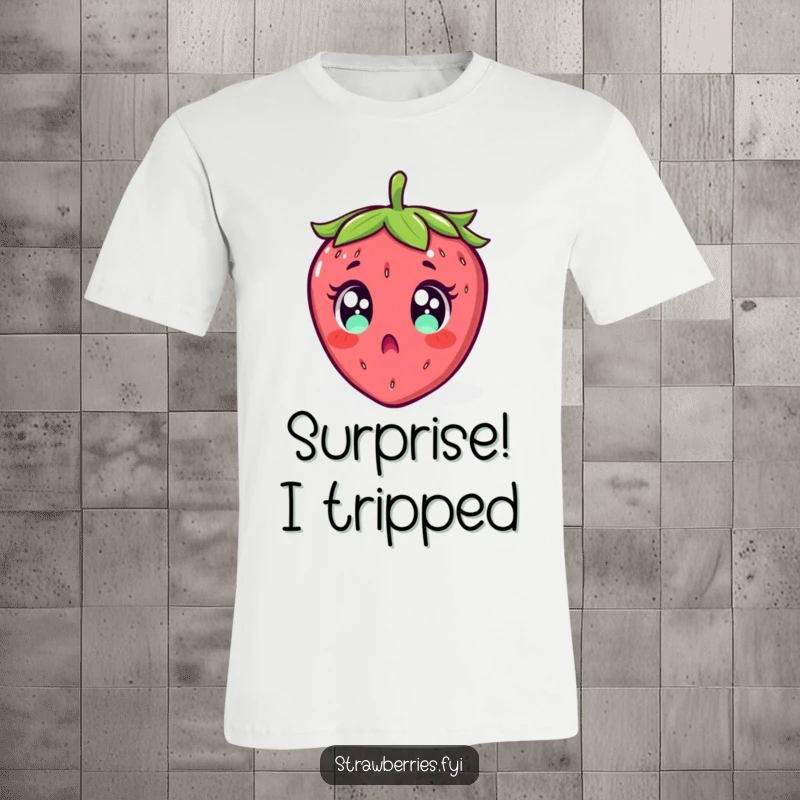Funny t-shirt featuring a surprised strawberry with bulging eyes, comically losing its balance and falling backward.