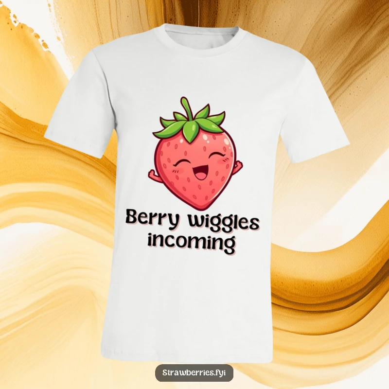 Funny Strawberry T-Shirt depicting a tickled strawberry character wiggling joyfully, a hilarious wearable for a funny gift.