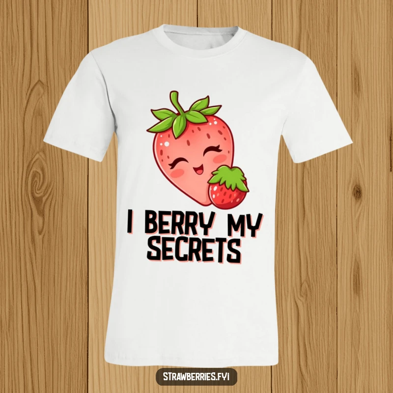 Funny t-shirt showing a strawberry winking and gently nudging another berry, radiating a playful and flirtatious vibe.