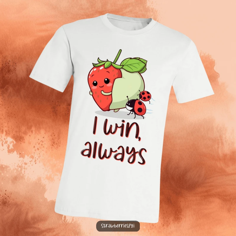 Funny t-shirt featuring a playful strawberry character racing a ladybug, celebrating friendly competition with humor.