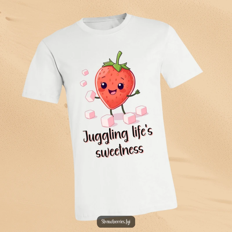 Funny T-Shirt: Cute kawaii strawberry character grinning widely while expertly juggling tiny sugar cubes, a display of sweet talent.