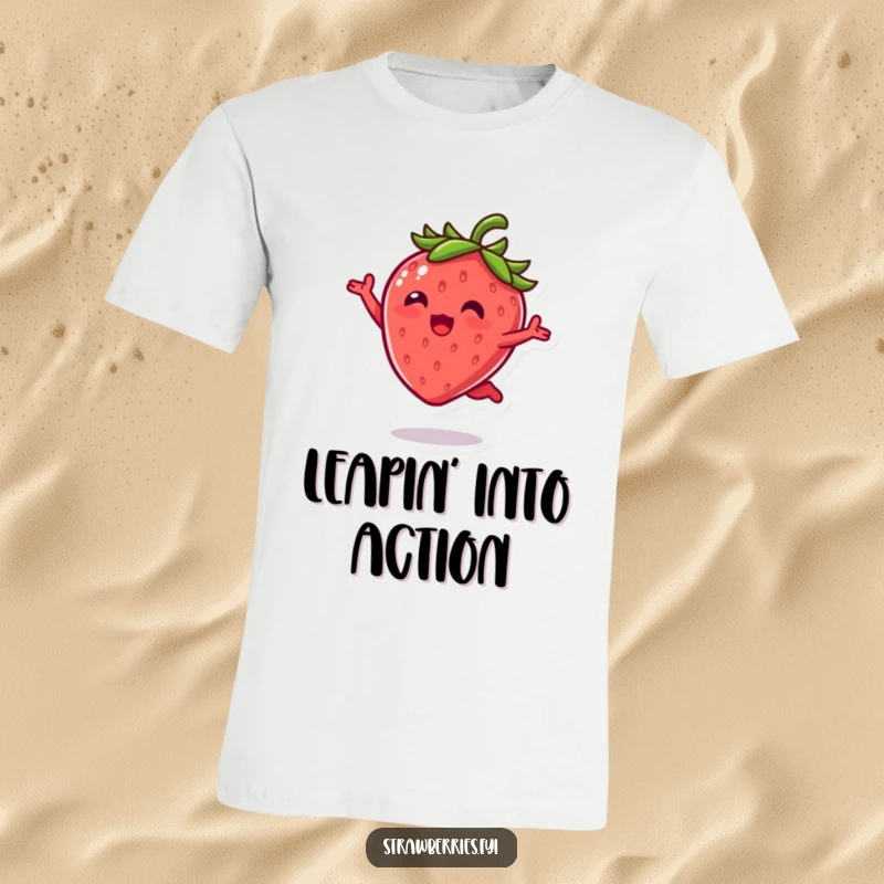 Funny T-Shirt: Cute kawaii strawberry character mid-air, doing a joyful leap with leaves spread wide, radiating positive vibes.