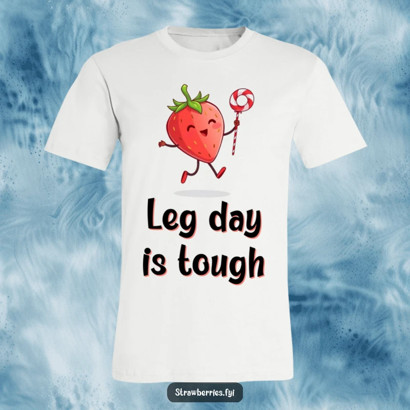Funny t-shirt showcasing a strawberry character with tiny legs joyfully skipping rope using a licorice string, embodying energetic silliness.