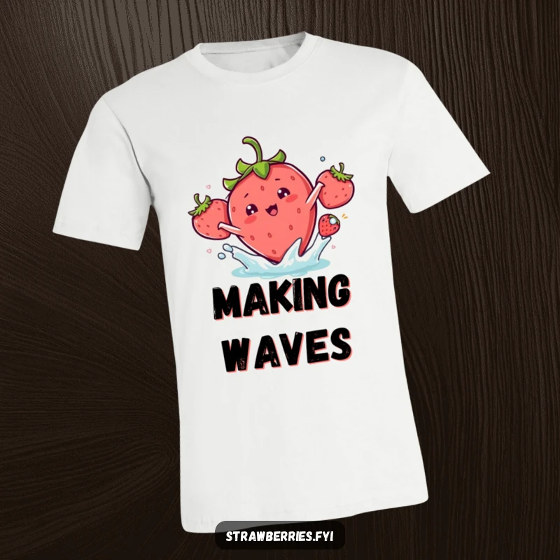 Funny kawaii strawberry character captured mid-splash, spreading joy and refreshment on this humorous t-shirt.