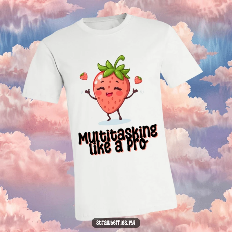 Funny t-shirt showcasing a giggling anthropomorphic strawberry expertly juggling leaves, radiating playful charm.