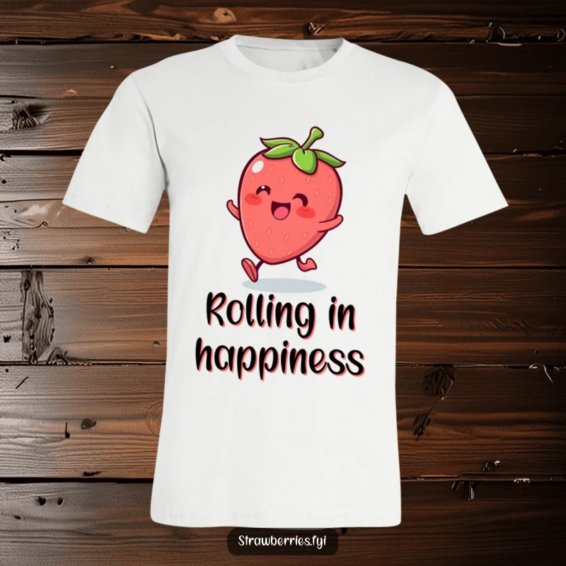 Funny Kawaii strawberry character rolling with glee on a vibrant T-shirt, exuding pure happiness.