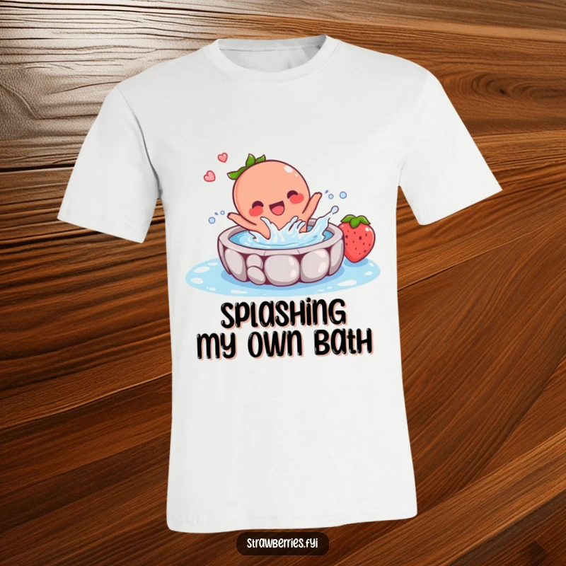 Funny t-shirt featuring a delighted strawberry character energetically splashing in a tiny pool, embodying pure, uninhibited joy.