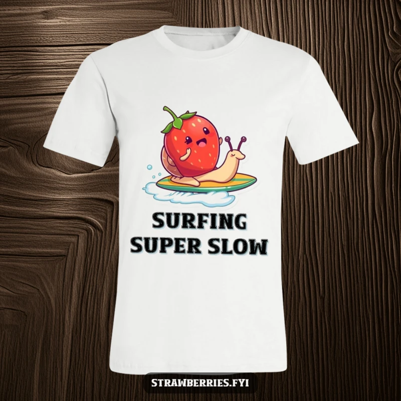 Funny t-shirt showcasing a strawberry character enthusiastically surfing on a snail, embodying a unique and humorous take on adventure.