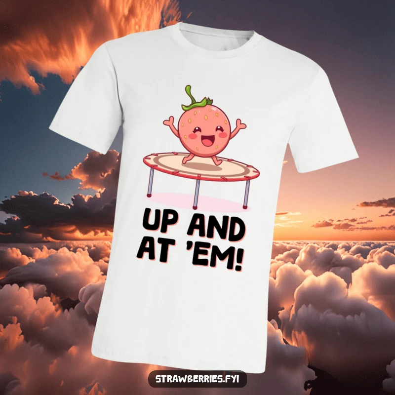 Funny cheerful strawberry character joyfully bouncing high on a giant trampoline, a dynamic and humorous t-shirt graphic.