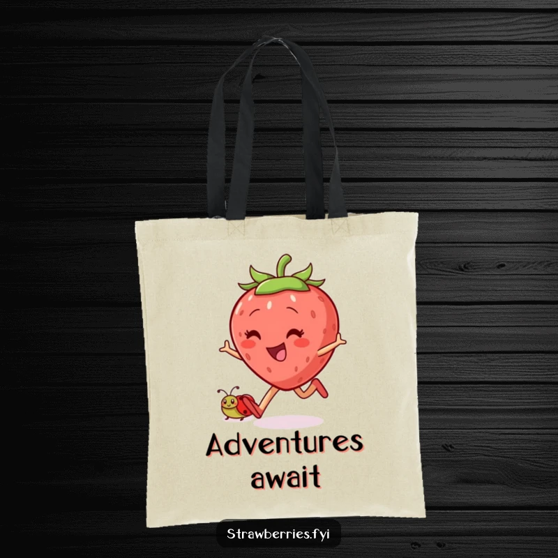 Funny skipping strawberry tote bag featuring a jovial character and ladybug companion, ideal for carrying items with cheerful and humorous flair.