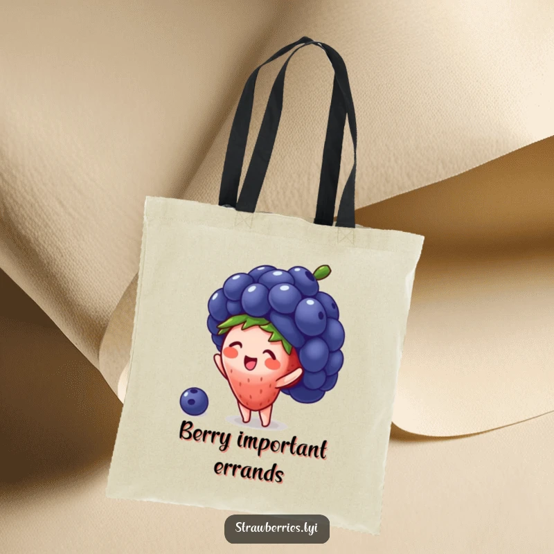 Funny tote bag with a tiny strawberry character trying to wear a giant blueberry as a hat, symbolizing cute fashion and humor.