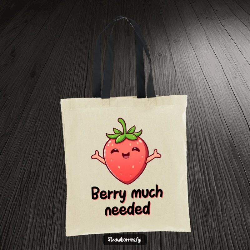 Funny Kawaii strawberry character offering a happy embrace on a durable tote bag, ideal for daily use.