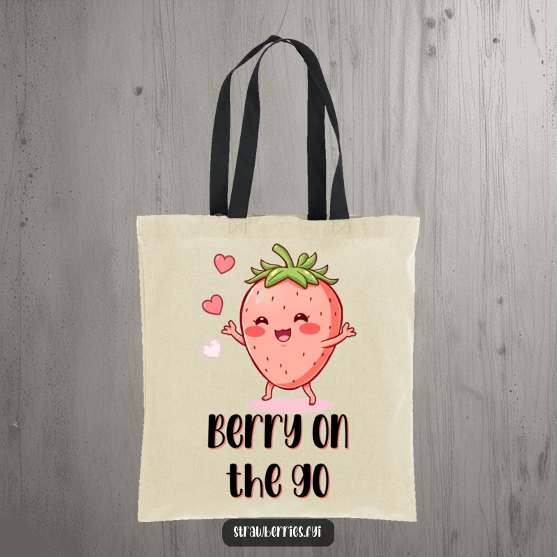 Funny Strawberry Shimmy Tote Bag: A happy strawberry doing a funny dance, perfect for carrying essentials with flair.