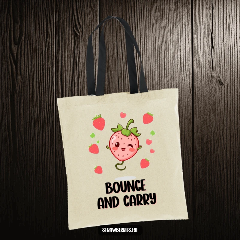 Funny kawaii strawberry character bouncing on a springy stem, printed on a durable tote bag for stylish, humorous carrying.