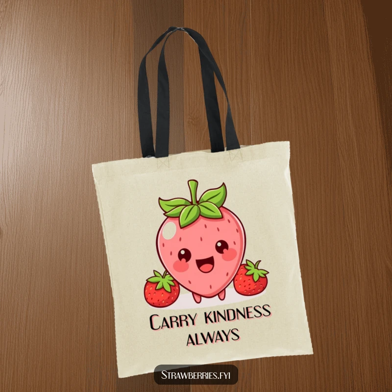 Funny tote bag illustration of a smiling Kawaii strawberry character holding out a tiny, tempting bite to share.