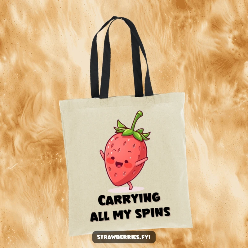 Funny tote bag showing a cheerful anthropomorphic strawberry doing a cartwheel, great for carrying daily items.