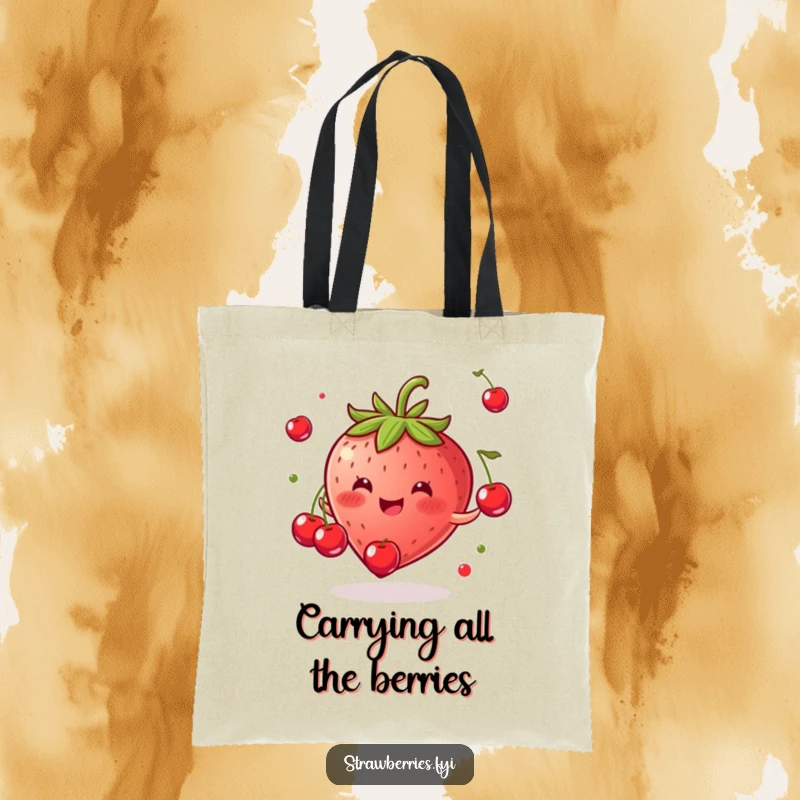 Funny tote bag featuring a gleeful strawberry energetically juggling small cherries, a whimsical and amusing scene.