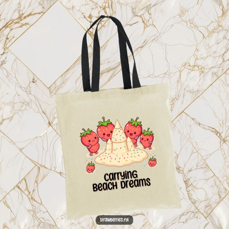 Funny tote bag featuring strawberries building a sprinkle-adorned sandcastle, perfect for carrying beach essentials with a humorous twist.