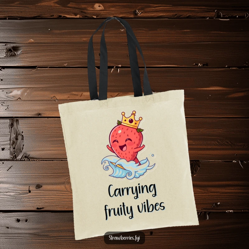 Funny strawberry tote bag depicting a laughing crowned fruit character riding a wave, a humorous and practical shopping companion.
